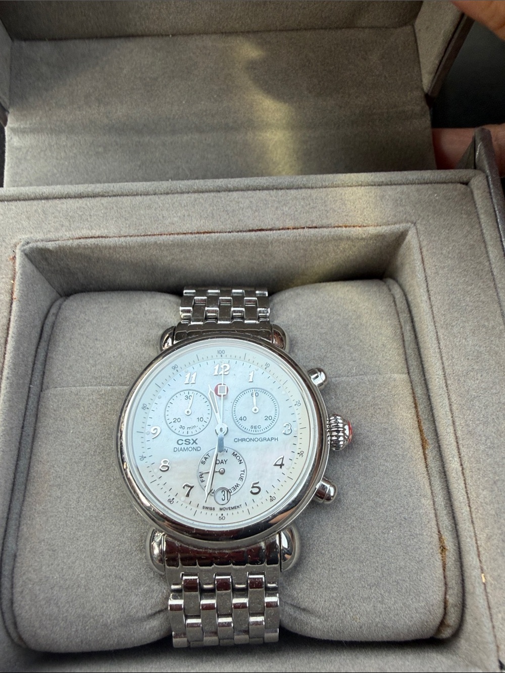 Michele Silver Stainless Steel Chronograph Watch with White Dial